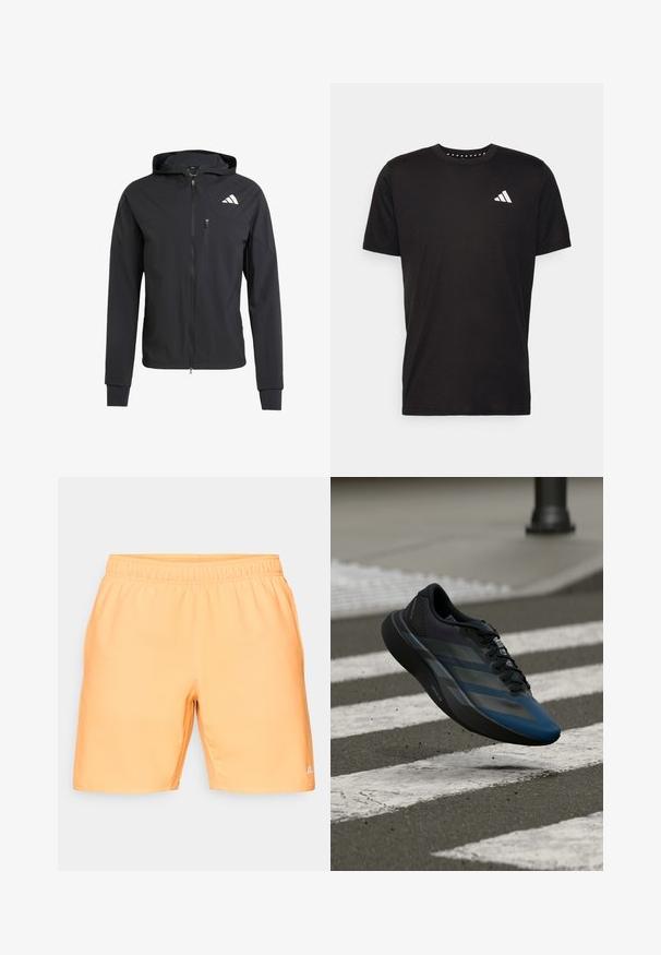 Casaco com capuz preto, com fecho éclair, feito de um tecido suave e leve. Possui um bolso no peito com fecho éclair e detalhe do logo no lado superior esquerdo.; T-shirt de algodão preto com mangas curtas, decote redondo e um logo branco no lado esquerdo do peito. Textura suave e design simples.; Calções feitos de um tecido leve e suave numa cor laranja clara, com um cós elástico e bolsos laterais; apresenta um pequeno logo no canto inferior direito.; Tênis atlético preto e azul com design aerodinâmico, apresentando uma parte superior texturizada, riscas contrastantes e uma sola acolchoada, pairando sobre o pavimento.