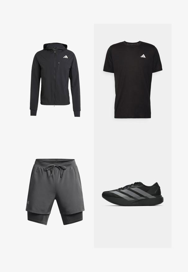 Black zip-up hooded jacket made of soft, lightweight fabric. Features a zippered chest pocket and logo detail on the upper left side.; Black cotton t-shirt with short sleeves, crew neckline, and a white logo on the left chest. Smooth texture and simple design.; Men's athletic shorts in dark gray, featuring a drawstring waist, moisture-wicking material, exterior layer with inner fitted liner.; Black athletic shoes with a lightweight design, featuring three prominent gray stripes, a smooth texture, and a contoured sole.