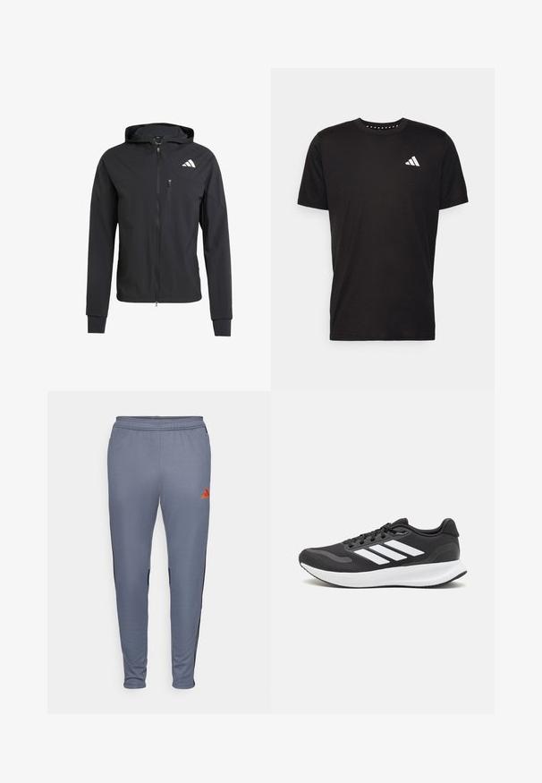 Schwarze Zip-Hoodie-Jacke aus weichem, leichtem Stoff. Verfügt über eine mit Reißverschluss verschlossene Brusttasche und ein Logodetail auf der oberen linken Seite.; Schwarzes Baumwoll-T-Shirt mit kurzen Ärmeln, Rundhalsausschnitt und einem weißen Logo auf der linken Brust. Glatte Textur und einfaches Design.; Graue Sporthosen mit schmalem Schnitt, die schwarze Seiteneinsätze und ein oranges Adidas-Logo am oberen rechten Bein haben. Weiches, dehnbare Material.; Schwarzer Sportschuh mit atmungsaktivem Mesh-Obermaterial, weißen Akzenten und einer gepolsterten Sohle. Mit drei Streifen-Logo an der Seite.