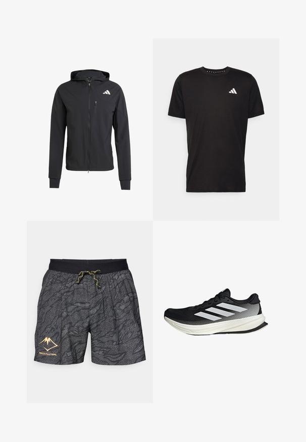 Sort zip-up hættetrøje lavet af blødt, letvægtsstof. Har en lynlåslomme på brystet og logo-detalje på øverste venstre side.; Sort bomulds T-shirt med korte ærmer, rund hals og et hvidt logo på venstre bryst. Glat tekstur og enkelt design.; Sorte shorts med et tekstureret mønster af grå bølger og prikkede accenter. Har en sort elastisk talje med en gul snor og logo.; Sort atletisk sko med mesh-design, der har hvide striber, en rund tå og en tekstureret sål for greb og støtte.