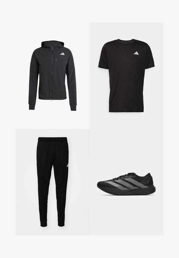 Zwarte ritssluiting capuchonjack van zacht, lichtgewicht materiaal. Heeft een ritszak op de borst en een logo-detail aan de bovenste linkerkant.; Zwarte katoenen t-shirt met korte mouwen, ronde hals en een wit logo op de linkerkant van de borst. Gladde textuur en eenvoudig ontwerp.; Zwarte sportbroek gemaakt van lichtgewicht stof, met een elastische tailleband, taps toelopende benen en een wit logoaccent aan de zijkant.; Zwarte sportieve schoenen met een lichtgewicht ontwerp, voorzien van drie opvallende grijze strepen, een gladde textuur en een gevormde zool.