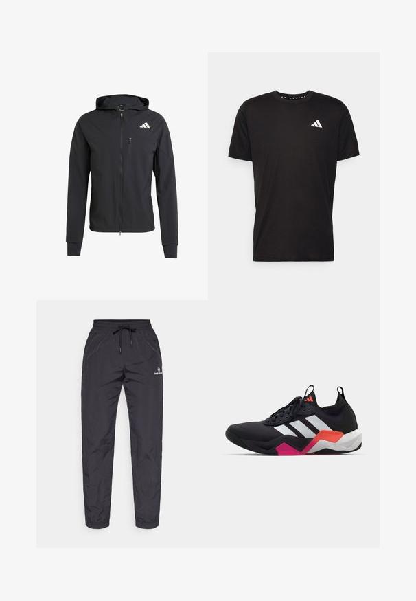 Crna zip-jakna s kapuljačom izrađena od mekog, laganog materijala. Ima ziper džep na grudima i detalj s logotipom na gornjoj lijevoj strani.; Crna pamučna majica s kratkim rukavima, okruglim izrezom i bijelim logotipom na lijevoj strani prsnog koša. Glatka tekstura i jednostavan dizajn.; Crne, lagane, vodootporne trenirka s elastičnom strukom i podesivim vezicom. Ima sužene nogavice i detalj s logotipom.; Crne atletske tenisice s bijelim prugama, teksturiranim gornjim dijelom i debelim potplatom s narančastim, ružičastim i bijelim detaljima. Dizajn s vezicama i trakom za povlačenje.
