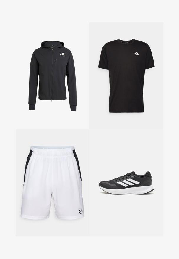 Svart hettejakke med glidelås laget av mykt, lett materiale. Har en glidelåslomme på brystet og logo detaljer øverst til venstre.; Svart bomulls t-skjorte med korte ermer, rund hals og en hvit logo på venstre bryst. Glatt tekstur og enkelt design.; Hvite treningsshorts med svarte sidestreker, elastisk midje og Under Armour-logo på nederste høyre ben. Glatt tekstur og lett materiale.; Svarte sportsko med pustende mesh-overdel, hvite detaljer og en polstret såle. Har tre striper-logo på siden.