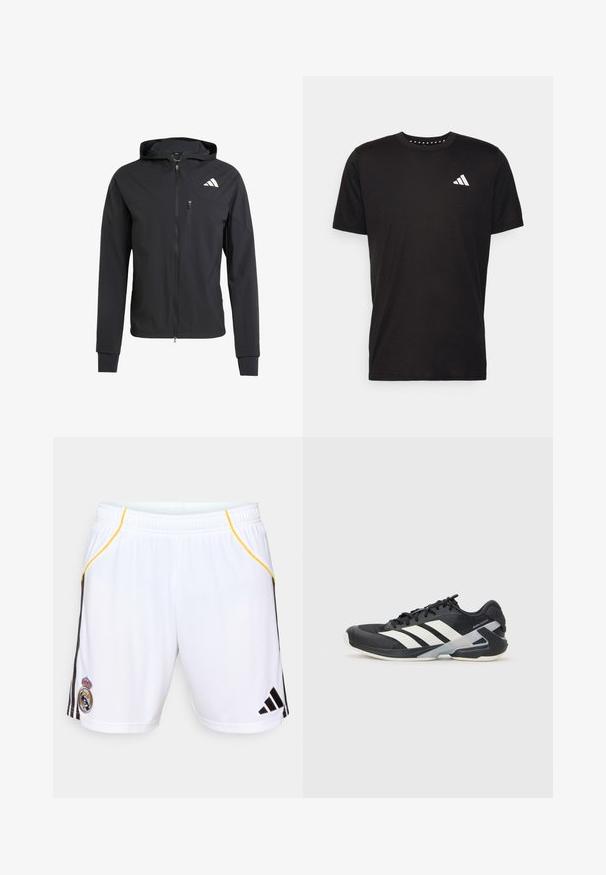 Crna zip-jakna s kapuljačom izrađena od mekog, laganog materijala. Ima ziper džep na grudima i detalj s logotipom na gornjoj lijevoj strani.; Crna pamučna majica s kratkim rukavima, okruglim izrezom i bijelim logotipom na lijevoj strani prsnog koša. Glatka tekstura i jednostavan dizajn.; Bijele sportske kratke hlače s crnim bočnim trakama i žutim akcentima, s vezom na lijevoj nozi i elastičnim pojasom.; Crne atletske cipele s bijelim prugama, mrežasta gornja strana, zaobljeni prst i podstavljeni đon. Imaju teksturiranu petu i siguran sustav vezivanja.