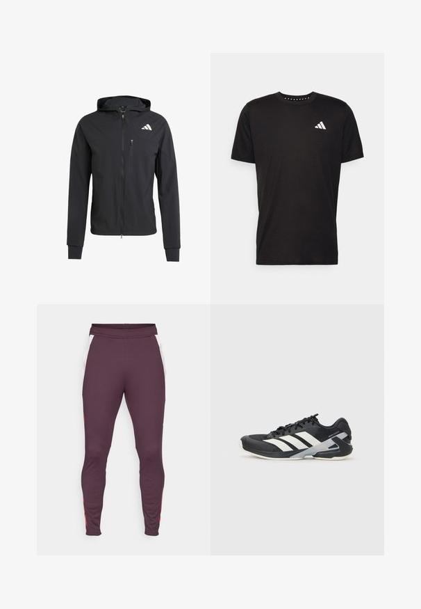 Czarna, zapinana na zamek kurtka z kapturem, wykonana z miękkiego, lekkiego materiału. Posiada kieszeń na zamek na klatce piersiowej oraz detal z logo na górnej lewej stronie.; Czarna bawełniana koszulka z krótkim rękawem, okrągłym dekoltem i białym logo na lewej piersi. Gładka tekstura i prosty design.; Bordowe spodnie sportowe z elastycznego materiału. Zawierają białe boczne panele i czerwone akcenty. Zwężany krój nogawki z elastycznym paskiem w talii.; Czarne buty sportowe z białymi paskami, siateczkowa cholewka, zaokrąglony czubek i amortyzowana podeszwa. Posiadają teksturowany obcas i pewny system sznurowania.