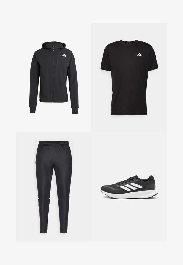 Black zip-up hooded jacket made of soft, lightweight fabric. Features a zippered chest pocket and logo detail on the upper left side.; Black cotton t-shirt with short sleeves, crew neckline, and a white logo on the left chest. Smooth texture and simple design.; Black athletic pants made of smooth fabric, featuring a fitted design, elastic waistband, and white accent stripes on the sides.; Black athletic shoe with breathable mesh upper, white accents, and a cushioned sole. Features three stripes logo on the side.