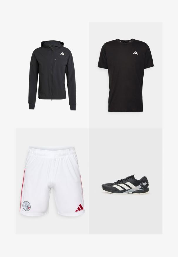 Juodas užtrauktuku užsegamas džemperis su gobtuvu, pagamintas iš minkštos, lengvos medžiagos. Turi užtrauktuką krūtinės kišenėje ir logotipą viršutiniame kairiajame kampe.; Juodas medvilnės marškinėliai trumpomis rankovėmis, su apvalia iškirpte ir balta logo kairiajame krūtinės šone. Lygus tekstūra ir paprastas dizainas.; Balti sportiniai šortai, pagaminti iš lygaus audinio, su raudonomis šoninėmis juostelėmis ir apvaliu logotipu kairėje šlaunyje, kuriame pavaizduota sportinė emblema.; Juoda sportinė avalynė su baltais dryžiais, tinklinis viršus, apvalus pirštas ir paminkštinta padais. Yra tekstūruota kulno dalis ir saugi raištelių sistema.