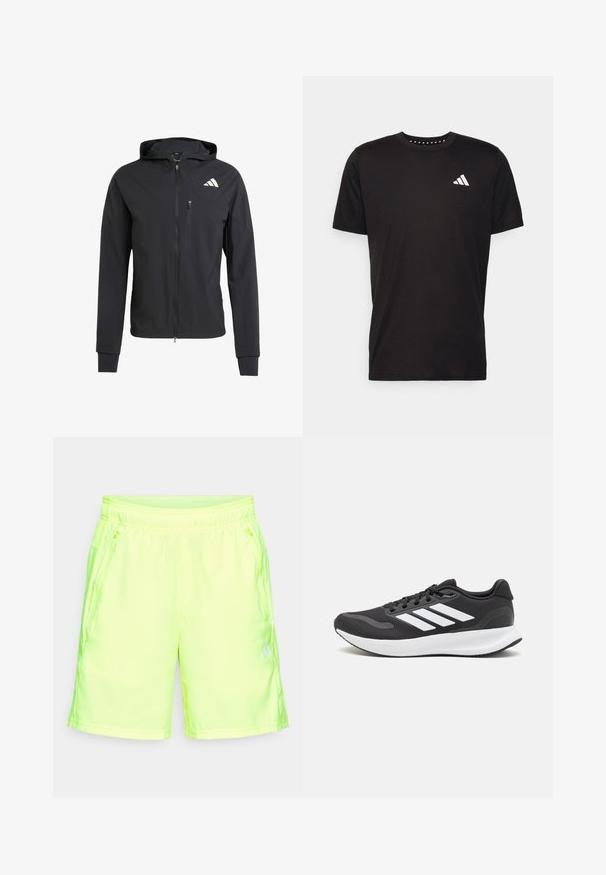 Schwarze Zip-Hoodie-Jacke aus weichem, leichtem Stoff. Verfügt über eine mit Reißverschluss verschlossene Brusttasche und ein Logodetail auf der oberen linken Seite.; Schwarzes Baumwoll-T-Shirt mit kurzen Ärmeln, Rundhalsausschnitt und einem weißen Logo auf der linken Brust. Glatte Textur und einfaches Design.; Neon-gelbe Sports shorts aus glattem, leichtem Material mit elastischem Bund und seitlichen Reißverschlusstaschen.; Schwarzer Sportschuh mit atmungsaktivem Mesh-Obermaterial, weißen Akzenten und einer gepolsterten Sohle. Mit drei Streifen-Logo an der Seite.