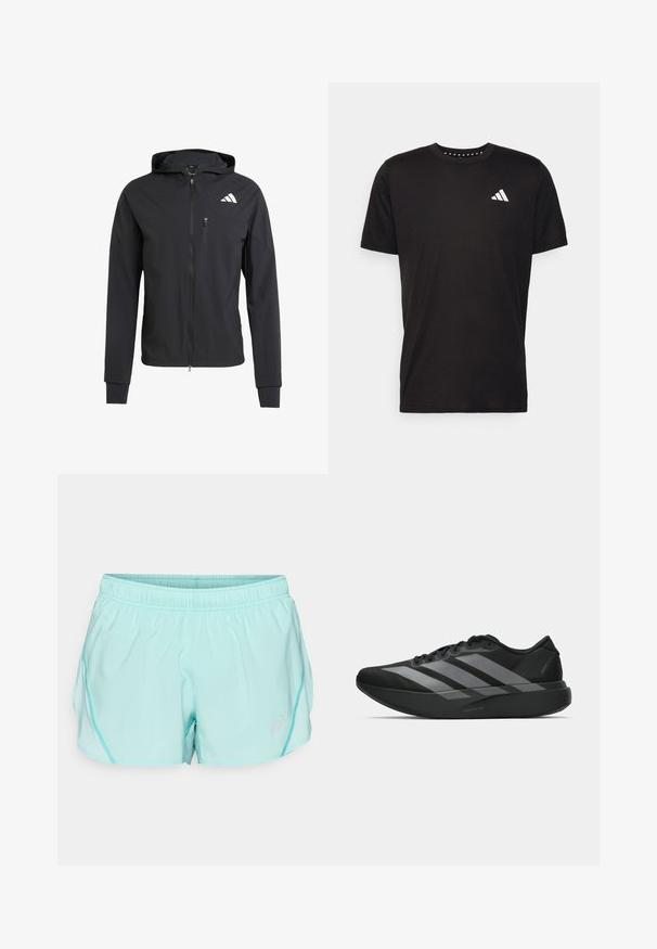 Chaqueta con capucha de color negro y cremallera, hecha de un tejido suave y ligero. Presenta un bolsillo en el pecho con cremallera y un detalle del logo en el lado superior izquierdo.; Camiseta de algodón negra con mangas cortas, cuello redondo y un logo blanco en el lado izquierdo del pecho. Textura suave y diseño sencillo.; Pantalones cortos deportivos de color turquesa claro con una cinturilla elástica, paneles de malla laterales y un pequeño logo en la parte frontal inferior. Textura suave y corte holgado.; Zapatillas deportivas negras con un diseño ligero, que presentan tres franjas grises prominentes, una textura suave y una suela contorneada.