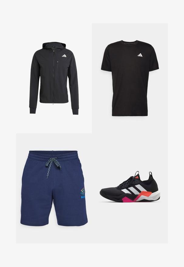 Casaco com capuz preto, com fecho éclair, feito de um tecido suave e leve. Possui um bolso no peito com fecho éclair e detalhe do logo no lado superior esquerdo.; T-shirt de algodão preto com mangas curtas, decote redondo e um logo branco no lado esquerdo do peito. Textura suave e design simples.; Calções azul-marinho com cordão na cintura, apresentando uma fita riscada em verde e azul. Inclui um logótipo multicolorido na lateral.; Sapatilha atlética preta com riscas brancas, parte superior texturizada e sola robusta com detalhes em laranja, rosa e branco. Design com atacadores e alça de puxar.