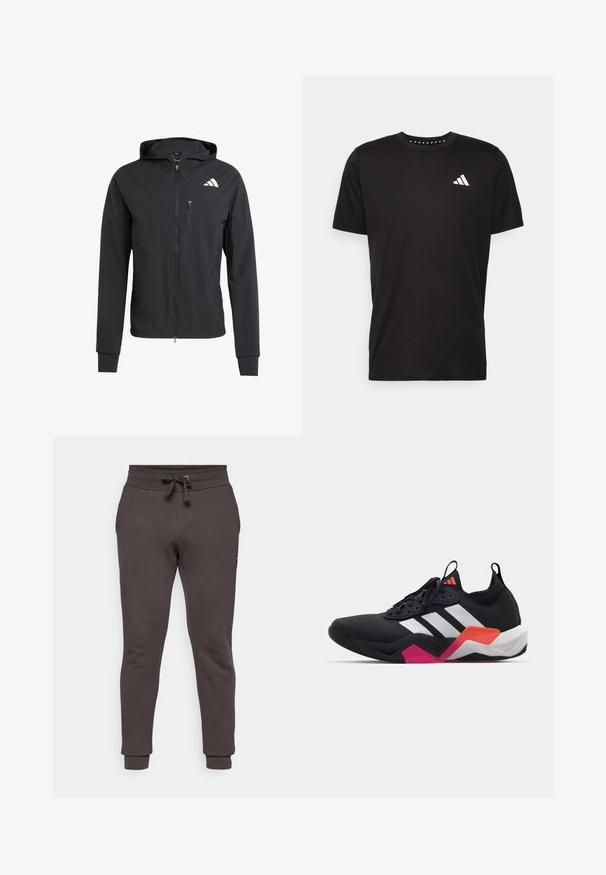 Svart hettejakke med glidelås laget av mykt, lett materiale. Har en glidelåslomme på brystet og logo detaljer øverst til venstre.; Svart bomulls t-skjorte med korte ermer, rund hals og en hvit logo på venstre bryst. Glatt tekstur og enkelt design.; Mørkegrå joggebukser laget av myk stoff, med snor i livet, tapered ben og ribbede ankelmansjetter. Side lommer inkludert.; Sorte idrettssko med hvite striper, teksturert overdel og en kraftig såle med oransje, rosa og hvite detaljer. Snøring med trekkstroppe.