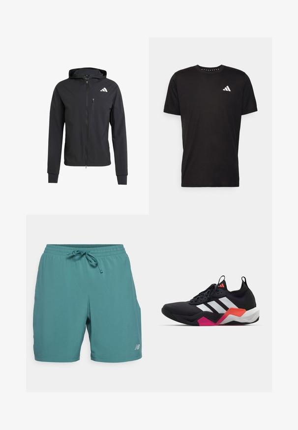 Mustmust mustrip ja pehmeast, kerge kangast. Varustatud lukuga rinna tasku ja logoga detail vasakul ülal.; Must must ka t-särk lühikeste varrukatega, ümmarguse kaelusega ja valge logoga vasakul rinnal. Sile tekstuur ja lihtne disain.; New Balance ESSENTIALS - Spordišortsid - new spruce; Mustaline spordijalats valgete triipudega, tekstureeritud ülemise osaga ja pehme tallaga, millel on oranžid, roosad ja valged aktsendid. Sidumisdisain koos tõmblukuga.