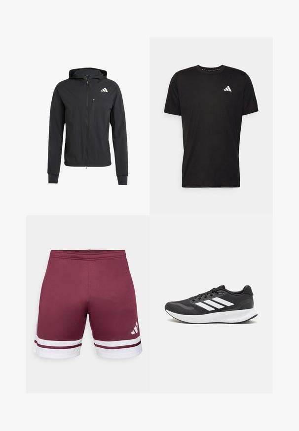 Veste à capuche zippée noire en tissu doux et léger. Elle présente une poche poitrine zippée et un détail de logo sur le côté supérieur gauche.; T-shirt en coton noir à manches courtes, décolleté rond et logo blanc sur la poitrine gauche. Texture lisse et design simple.; Shorts de sport bordeaux avec des rayures blanches. Texture lisse, taille élastique, avec un détail de logo sur le côté inférieur.; Baskets de sport noires avec tige en mesh respirant, accents blancs et semelle rembourrée. Présente le logo à trois bandes sur le côté.