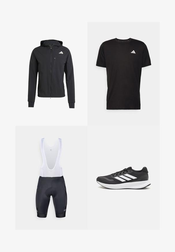 Černá zipová mikina s kapucí vyrobená z měkké, lehké látky. Obsahuje zipovou kapsu na prsou a detail loga na horní levé straně.; Černé bavlněné tričko s krátkým rukávem, kulatým výstřihem a bílým logem na levé hrudi. Hladká textura a jednoduchý design.; Černé cyklistické cyklonohavice s polstrovanou vložkou, bílé síťové ramínka a detail loga. Hladká textura, přiléhavý tvar a dvě boční kapsy.; Černá sportovní obuv s prodyšným síťovaným svrškem, bílými akcenty a polstrovanou podrážkou. Na boku se nachází logo se třemi pruhy.