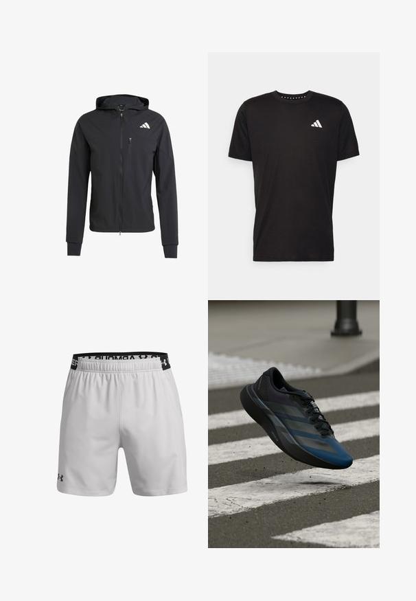 Juodas užtrauktuku užsegamas džemperis su gobtuvu, pagamintas iš minkštos, lengvos medžiagos. Turi užtrauktuką krūtinės kišenėje ir logotipą viršutiniame kairiajame kampe.; Juodas medvilnės marškinėliai trumpomis rankovėmis, su apvalia iškirpte ir balta logo kairiajame krūtinės šone. Lygus tekstūra ir paprastas dizainas.; Šviesiai pilki sportiniai šortai, pagaminti iš kvėpuojančios medžiagos. Keturiasias elastinės juostos su juodu логотипом ir šoninėmis kišenėmis.; Juodos ir mėlynos spalvų sportinė batus su aptakiu dizainu, tekstūruotu viršumi, kontrastingomis juostelėmis ir paminkštinta padu, kybantis virš šaligatvio.