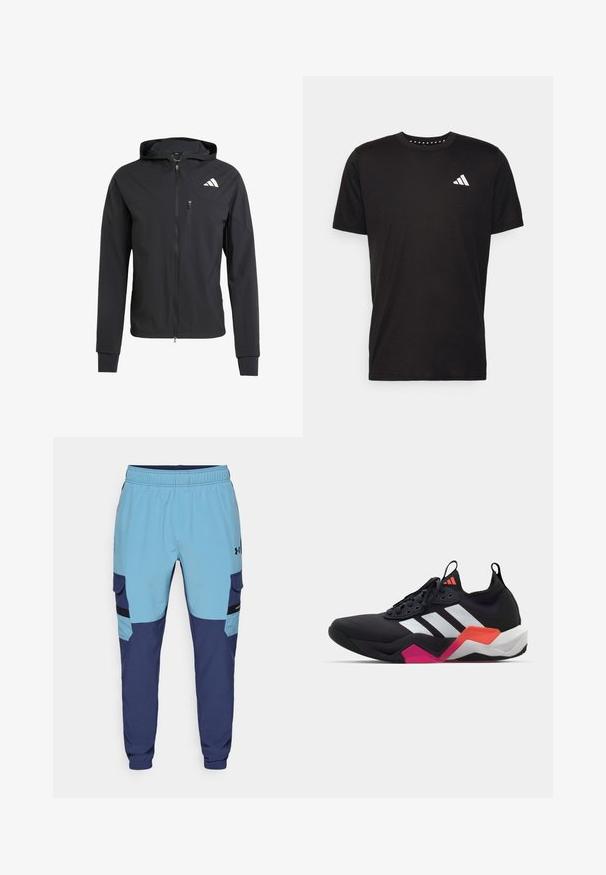 Zwarte ritssluiting capuchonjack van zacht, lichtgewicht materiaal. Heeft een ritszak op de borst en een logo-detail aan de bovenste linkerkant.; Zwarte katoenen t-shirt met korte mouwen, ronde hals en een wit logo op de linkerkant van de borst. Gladde textuur en eenvoudig ontwerp.; Blauwe en marineblauwe sweatpants met een elastische tailleband, zijzakken en cargostijl accenten. Gemaakt van zachte, ademende stof.; Zwarte sportschoen met witte strepen, textuur bovenwerk en een chunky zool met oranje, roze en witte accenten. Vetersluiting met een treklus.
