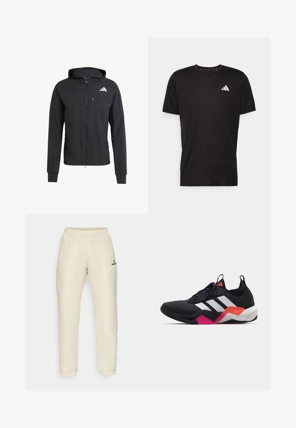 Casaco com capuz preto, com fecho éclair, feito de um tecido suave e leve. Possui um bolso no peito com fecho éclair e detalhe do logo no lado superior esquerdo.; T-shirt de algodão preto com mangas curtas, decote redondo e um logo branco no lado esquerdo do peito. Textura suave e design simples.; Calças de treino beige com cintura elástica e textura suave. Apresentam punhos coletados e um pequeno logo preto do lado esquerdo.; Sapatilha atlética preta com riscas brancas, parte superior texturizada e sola robusta com detalhes em laranja, rosa e branco. Design com atacadores e alça de puxar.