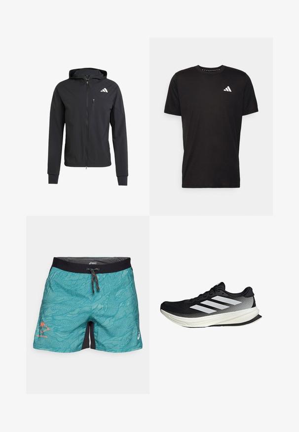 Chaqueta con capucha de color negro y cremallera, hecha de un tejido suave y ligero. Presenta un bolsillo en el pecho con cremallera y un detalle del logo en el lado superior izquierdo.; Camiseta de algodón negra con mangas cortas, cuello redondo y un logo blanco en el lado izquierdo del pecho. Textura suave y diseño sencillo.; Bañador turquesa con un patrón de olas texturizado, cinturilla negra y detalles en naranja. Presenta un cordón y un detalle de logo.; Zapato deportivo negro con un diseño de malla, que presenta rayas blancas, una puntera redondeada y una suela texturizada para agarre y soporte.