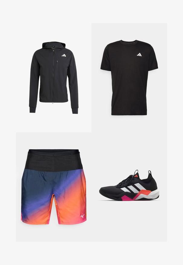 Svart hettejakke med glidelås laget av mykt, lett materiale. Har en glidelåslomme på brystet og logo detaljer øverst til venstre.; Svart bomulls t-skjorte med korte ermer, rund hals og en hvit logo på venstre bryst. Glatt tekstur og enkelt design.; Herre treningsshorts med en gradientdesign fra marineblå til oransje, med svart midjebånd og glatt, lett stoff.; Sorte idrettssko med hvite striper, teksturert overdel og en kraftig såle med oransje, rosa og hvite detaljer. Snøring med trekkstroppe.