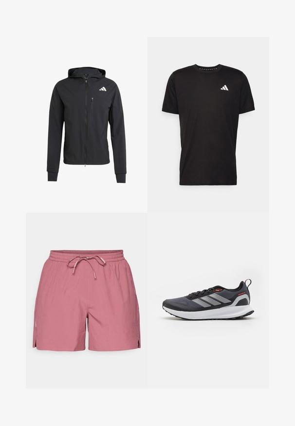 Zwarte ritssluiting capuchonjack van zacht, lichtgewicht materiaal. Heeft een ritszak op de borst en een logo-detail aan de bovenste linkerkant.; Zwarte katoenen t-shirt met korte mouwen, ronde hals en een wit logo op de linkerkant van de borst. Gladde textuur en eenvoudig ontwerp.; Salomon SHKOUT EASY SHORTS - Korte broeken - nocturne; Hardloopschoenen in zwart met grijze accenten. Heeft een gestructureerde bovenkant, stevige zool en reflecterende strepen. Lichtgewicht ontwerp met een gevoerde tussenzool.