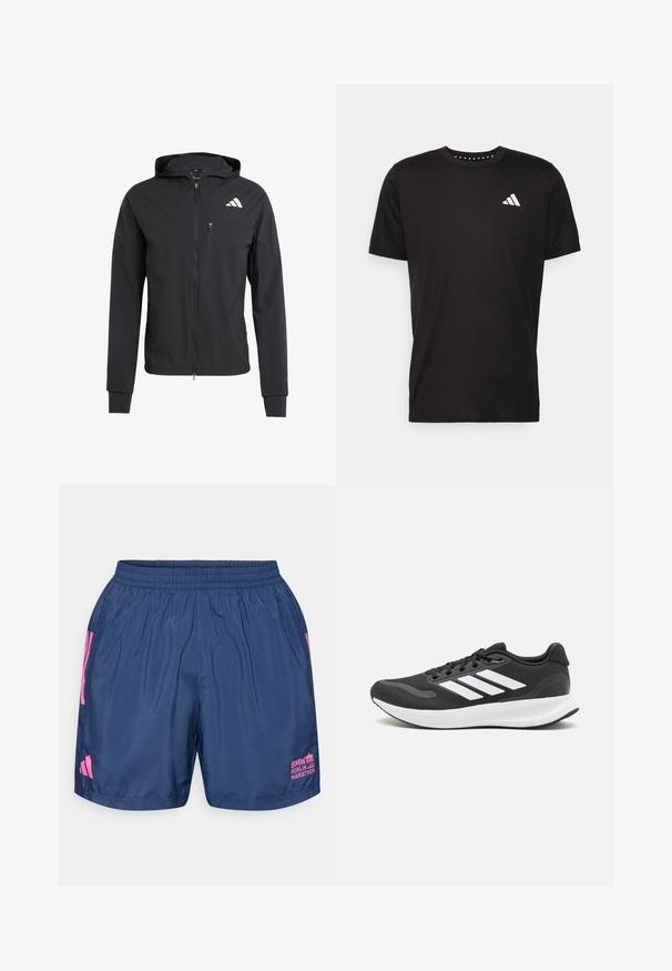 Crna zip-jakna s kapuljačom izrađena od mekog, laganog materijala. Ima ziper džep na grudima i detalj s logotipom na gornjoj lijevoj strani.; Crna pamučna majica s kratkim rukavima, okruglim izrezom i bijelim logotipom na lijevoj strani prsnog koša. Glatka tekstura i jednostavan dizajn.; adidas Performance BER25 SHORT - Sportske kratke hlače - collegiate navy; Crne atletske tenisice s prozračnom mrežicom na gornjem dijelu, bijelim akcentima i mekanim potplatom. Imaju logo s tri pruge sa strane.
