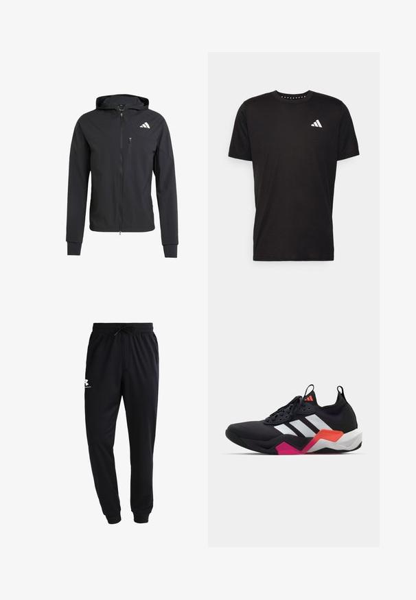 Fekete zipzáras kapucnis dzseki puha, könnyű anyagból. Zsebes mellzsebbel és logó részlettel a bal felső oldalon.; Fekete pamut póló rövid ujjal, kerek nyakkivágással, bal mellrészen fehér logóval. Sima textúra és egyszerű dizájn.; Fekete pamutkeverék tréningnadrág; gumírozott derék, állítható zsinórral, csepp fazonú láb, és fehér logó a bal combon. Puha textúra.; Fekete sportcipő fehér csíkokkal, texturált felső résszel és tömzsi talppal, narancssárga, rózsaszín és fehér díszítéssel. Fűzős kivitel, húzófüllel.