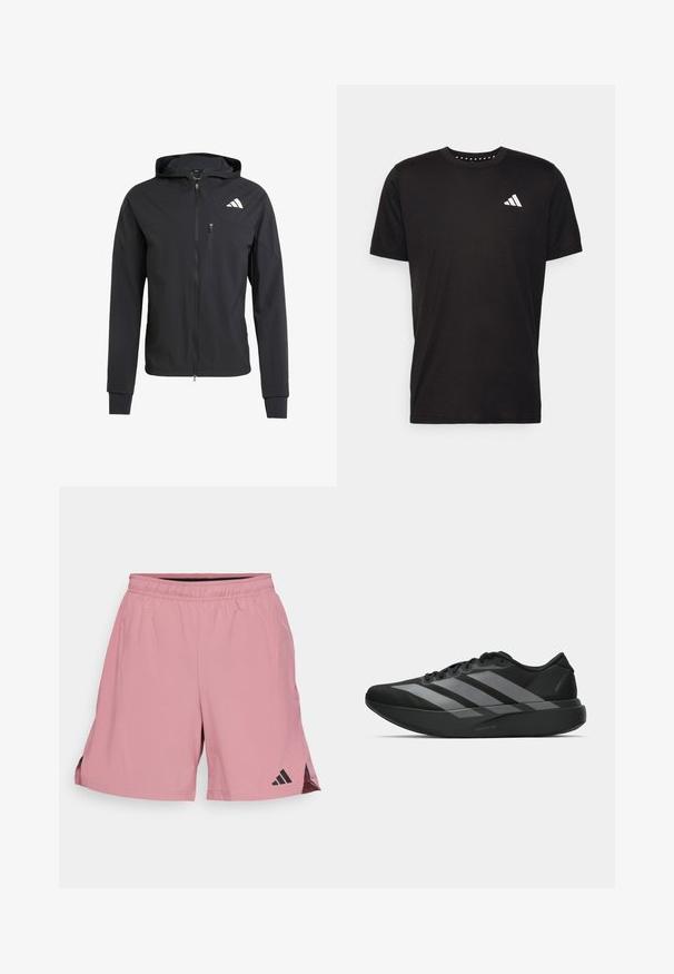 Schwarze Zip-Hoodie-Jacke aus weichem, leichtem Stoff. Verfügt über eine mit Reißverschluss verschlossene Brusttasche und ein Logodetail auf der oberen linken Seite.; Schwarzes Baumwoll-T-Shirt mit kurzen Ärmeln, Rundhalsausschnitt und einem weißen Logo auf der linken Brust. Glatte Textur und einfaches Design.; adidas Performance Kurze Sporthose - preloved crimson; Schwarze Sportschuhe mit einem leichten Design, ausgestattet mit drei auffälligen grauen Streifen, einer glatten Textur und einer konturierten Sohle.