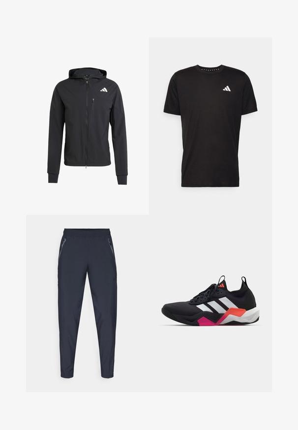 Čierna zipsová bunda s kapucňou vyrobená z mäkkej, ľahkej tkaniny. Má zipsovú náprsné vrecko a logo umiestnené v hornej ľavej časti.; Čierne bavlnené tričko s krátkymi rukávmi, klasickým výstrihom a bielym logom na ľavej strane hrude. Hladká textúra a jednoduchý dizajn.; Námornícke športové nohavice vyrobené z ľahkej tkaniny, s dvoma bočnými zipsovými vreckami, elastickým pásom a zúženými nohavicami pre štíhly strih.; Čierne športové topánky s bielymi pruhmi, textúrovaný zvršok a masívna podrážka s oranžovými, ružovými a bielymi detailmi. Šnurovací dizajn s pútkom.