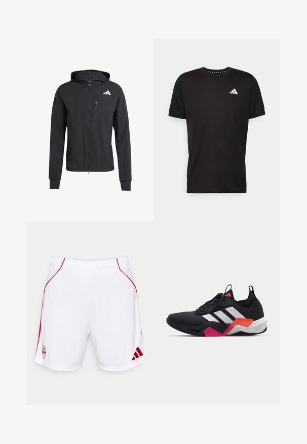 Veste à capuche zippée noire en tissu doux et léger. Elle présente une poche poitrine zippée et un détail de logo sur le côté supérieur gauche.; T-shirt en coton noir à manches courtes, décolleté rond et logo blanc sur la poitrine gauche. Texture lisse et design simple.; Shorts de sport blancs avec des accents rouges sur les côtés, taille élastique, arborant un logo d'équipe brodé et le logo Adidas à l'ourlet.; Chaussure de sport noire avec des rayures blanches, dessus texturé et semelle épaisse avec des accents orange, rose et blancs. Design à lacets avec une languette.