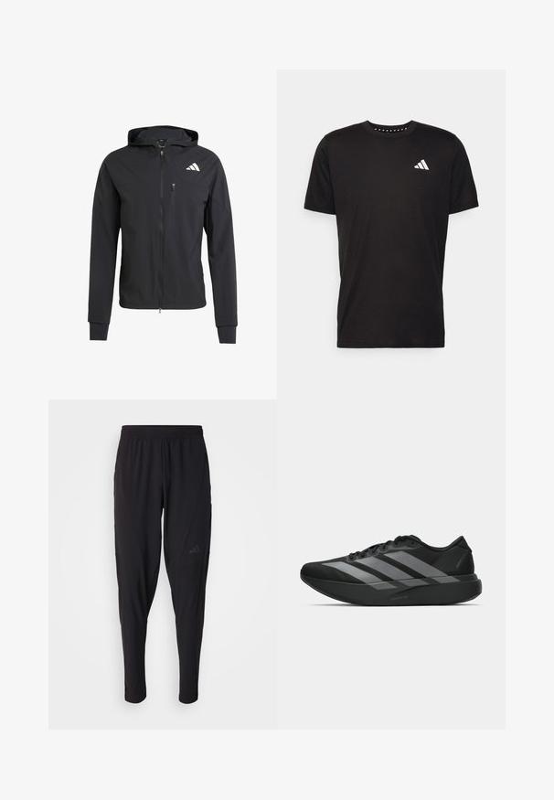 Černá zipová mikina s kapucí vyrobená z měkké, lehké látky. Obsahuje zipovou kapsu na prsou a detail loga na horní levé straně.; Černé bavlněné tričko s krátkým rukávem, kulatým výstřihem a bílým logem na levé hrudi. Hladká textura a jednoduchý design.; Černé sportovní kalhoty s elastickým páskem, zúženým střihem, bočními kapsami a nenápadným logem. Vyrobeno z pružné, prodyšné látky.; Černé sportovní boty s lehkou konstrukcí, se třemi výraznými šedými pruhy, hladkým povrchem a tvarovanou podrážkou.