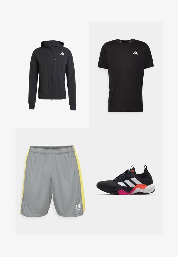 Casaco com capuz preto, com fecho éclair, feito de um tecido suave e leve. Possui um bolso no peito com fecho éclair e detalhe do logo no lado superior esquerdo.; T-shirt de algodão preto com mangas curtas, decote redondo e um logo branco no lado esquerdo do peito. Textura suave e design simples.; Calções de desporto cinzentos com riscas amarelas laterais e um cós elástico, apresentando um logo branco da Under Armour na parte inferior da perna direita.; Sapatilha atlética preta com riscas brancas, parte superior texturizada e sola robusta com detalhes em laranja, rosa e branco. Design com atacadores e alça de puxar.