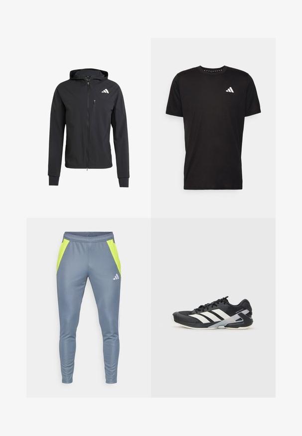 Svart zip-up huvtröja gjord av mjukt, lättviktigt tyg. Har en dragkedjeförsedd bröstficka och logotypdetalj på övre vänstra sidan.; Svart bomullströja med korta ärmar, rundad halsringning och en vit logotyp på vänster bröst. Slät textur och enkelt design.; Grå idrottsbyxor med neonlys gula sidopaneler, elastisk midja, tapered ben design och en reflektiv logotyp framtill.; Svart atletisk sko med vita ränder, mesh-övre, rund tå och dämpad sula. Har en strukturerad häl och ett säkert snörningssystem.