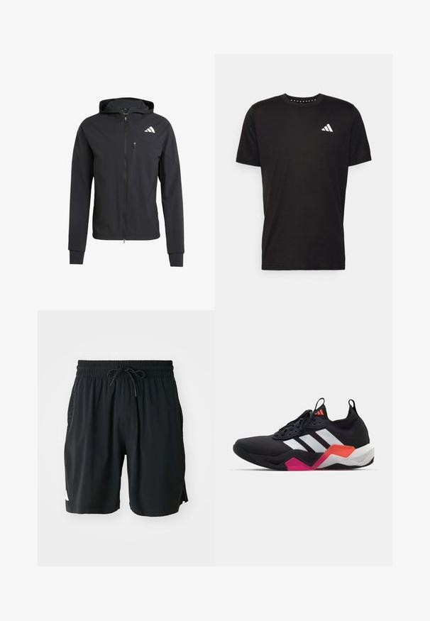 Zwarte ritssluiting capuchonjack van zacht, lichtgewicht materiaal. Heeft een ritszak op de borst en een logo-detail aan de bovenste linkerkant.; Zwarte katoenen t-shirt met korte mouwen, ronde hals en een wit logo op de linkerkant van de borst. Gladde textuur en eenvoudig ontwerp.; Zwarte sportshorts met een aansnoerbare tailleband, zijzakken met perforaties en een witte logo-accent aan de linkerpijp.; Zwarte sportschoen met witte strepen, textuur bovenwerk en een chunky zool met oranje, roze en witte accenten. Vetersluiting met een treklus.