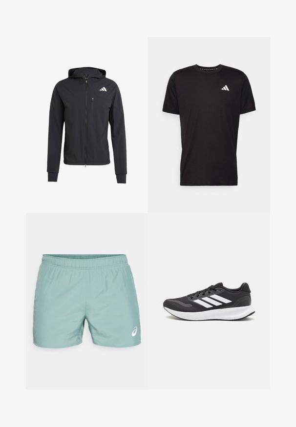 Čierna zipsová bunda s kapucňou vyrobená z mäkkej, ľahkej tkaniny. Má zipsovú náprsné vrecko a logo umiestnené v hornej ľavej časti.; Čierne bavlnené tričko s krátkymi rukávmi, klasickým výstrihom a bielym logom na ľavej strane hrude. Hladká textúra a jednoduchý dizajn.; ASICS CORE SHORT - Športové šortky - celadon; Čierna športová obuv s priedušným sieťovaným zvrškom, bielymi akcentmi a polstrovanou podrážkou. Na bočnej strane sa nachádza logo so tromi pruhmi.