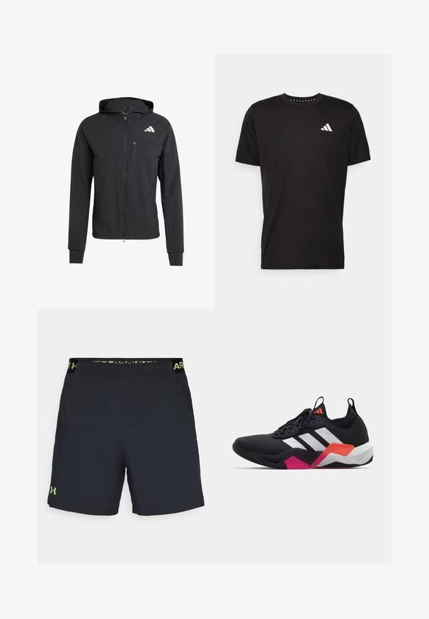 Casaco com capuz preto, com fecho éclair, feito de um tecido suave e leve. Possui um bolso no peito com fecho éclair e detalhe do logo no lado superior esquerdo.; T-shirt de algodão preto com mangas curtas, decote redondo e um logo branco no lado esquerdo do peito. Textura suave e design simples.; Under Armour VANISH SHORTS - Calções desportivos - black/morph green; Sapatilha atlética preta com riscas brancas, parte superior texturizada e sola robusta com detalhes em laranja, rosa e branco. Design com atacadores e alça de puxar.