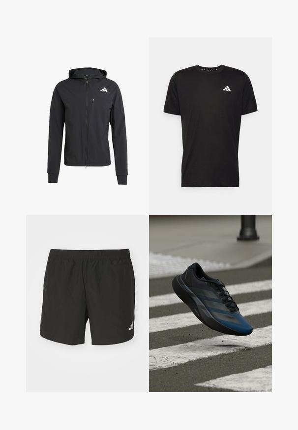 Casaco com capuz preto, com fecho éclair, feito de um tecido suave e leve. Possui um bolso no peito com fecho éclair e detalhe do logo no lado superior esquerdo.; T-shirt de algodão preto com mangas curtas, decote redondo e um logo branco no lado esquerdo do peito. Textura suave e design simples.; Calças de desporto pretas com cintura elástica, rachas laterais e detalhes reflectores no logótipo. Feitas de um tecido leve e suave.; Tênis atlético preto e azul com design aerodinâmico, apresentando uma parte superior texturizada, riscas contrastantes e uma sola acolchoada, pairando sobre o pavimento.