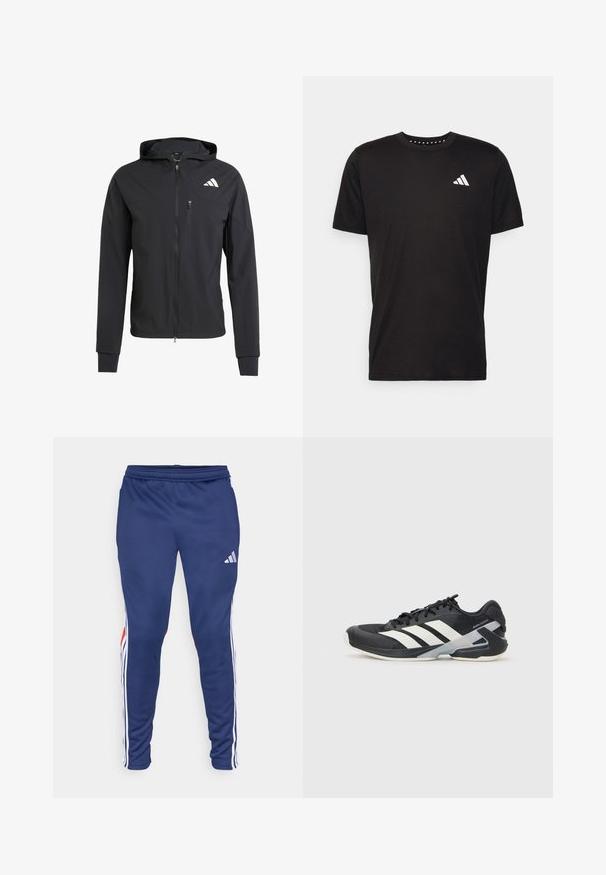 Černá zipová mikina s kapucí vyrobená z měkké, lehké látky. Obsahuje zipovou kapsu na prsou a detail loga na horní levé straně.; Černé bavlněné tričko s krátkým rukávem, kulatým výstřihem a bílým logem na levé hrudi. Hladká textura a jednoduchý design.; Námořnické sportovní kalhoty s bílými postranními pruhy a červenými akcenty. Vyrobené z hladké tkaniny s elastickým pasem pro pohodlí. Obsahují logo Adidas.; Černá sportovní obuv s bílými pruhy, síťovaným svrškem, zaoblenou špičkou a polstrovanou podrážkou. Obsahuje texturovanou patu a bezpečný systém šněrování.