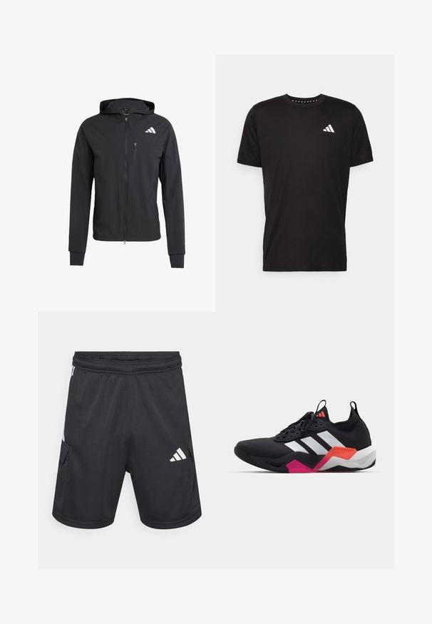 Casaco com capuz preto, com fecho éclair, feito de um tecido suave e leve. Possui um bolso no peito com fecho éclair e detalhe do logo no lado superior esquerdo.; T-shirt de algodão preto com mangas curtas, decote redondo e um logo branco no lado esquerdo do peito. Textura suave e design simples.; Calções atléticos pretos feitos de um tecido leve, com dois bolsos laterais, faixa elástica na cintura e um logótipo da Adidas branco no canto inferior direito.; Sapatilha atlética preta com riscas brancas, parte superior texturizada e sola robusta com detalhes em laranja, rosa e branco. Design com atacadores e alça de puxar.