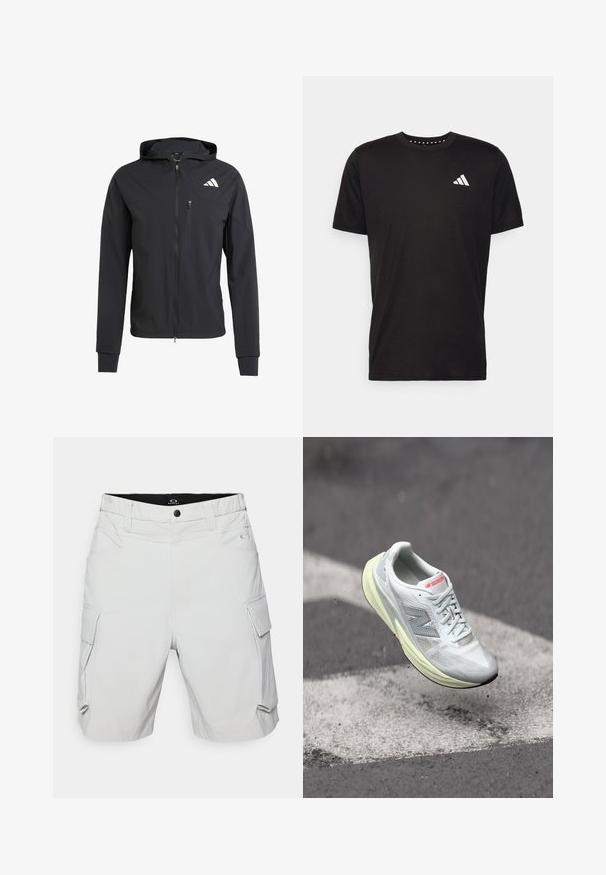 Musta vetoketjullinen huppari, joka on valmistettu pehmeästä ja kevyestä kankaasta. Siinä on vetoketjullinen rintatasku ja logotunnus vasemmalla ylhäällä.; Musta puuvillapaita lyhyillä hihoilla, pyöreä pääntie ja valkoinen logo vasemmassa rinnassa. Sujuva rakenne ja yksinkertainen muotoilu.; Vaaleanharmaat cargo-shortsit, joissa on tasainen etuosa, joustava vyötärö ja useita sivutaskuja, joissa on läppäkiinnitys. Valmistettu kevyestä kankaasta.; Kevyt juoksukenkä valkoisella verkkomateriaalilla, keltaisella välipohjalla ja harmailla yksityiskohdilla. Varustettu erottuvalla 'N' -logolla ja rakenteellisella pinnalla.