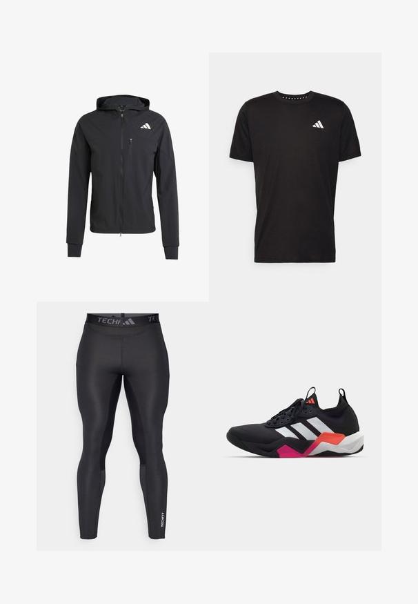 Giacca nera con zip e cappuccio realizzata in tessuto morbido e leggero. Presenta una tasca sul petto con zip e un dettaglio del logo sulla parte superiore sinistra.; T-shirt in cotone nero con maniche corte, scollo rotondo e logo bianco sul lato sinistro del petto. Texture liscia e design semplice.; Leggings sportivi neri con una texture liscia, dotati di una fascia in vita ampia contrassegnata "TECHFIT" e sottili dettagli sui pannelli laterali.; Sneaker nera da atletica con strisce bianche, tomaia testurizzata e suola spessa con dettagli arancioni, rosa e bianchi. Design con lacci e maniglia per il pull.