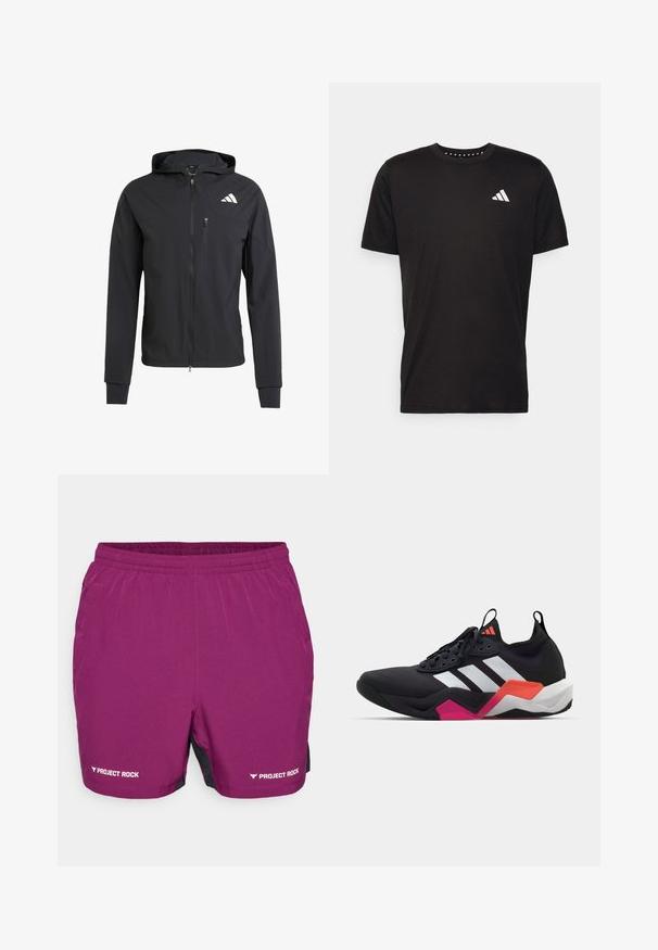 Chaqueta con capucha de color negro y cremallera, hecha de un tejido suave y ligero. Presenta un bolsillo en el pecho con cremallera y un detalle del logo en el lado superior izquierdo.; Camiseta de algodón negra con mangas cortas, cuello redondo y un logo blanco en el lado izquierdo del pecho. Textura suave y diseño sencillo.; Pantalones cortos deportivos morados con una cintura elástica, paneles laterales negros y el logo blanco "PROJECT ROCK" en el dobladillo izquierdo. Tejido ligero y transpirable.; Zapatilla deportiva negra con rayas blancas, parte superior texturizada y suela gruesa con acentos en naranja, rosa y blanco. Diseño con cordones y tirador.