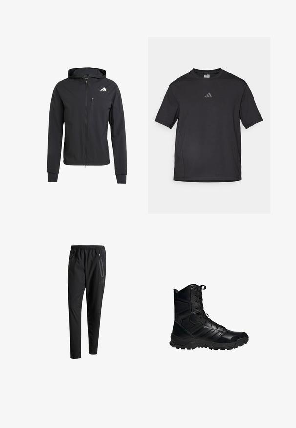 Sort zip-up hættetrøje lavet af blødt, letvægtsstof. Har en lynlåslomme på brystet og logo-detalje på øverste venstre side.; Sort atletisk t-shirt lavet af åndbart materiale, med korte ærmer, rund hals og et reflekterende logo på brystet.; Sorte atletiske bukser med elastisk talje, to lynlåslommer på siden, tætsiddende ben og en diskret logo-detalje på hoften.; Sorte taktiske støvler med en kombinationsoverdel af læder og syntetiske materialer, med snørelukning, polstret krave og en robust sål.