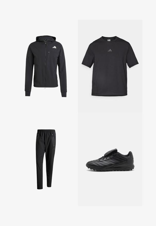 Crna zip-jakna s kapuljačom izrađena od mekog, laganog materijala. Ima ziper džep na grudima i detalj s logotipom na gornjoj lijevoj strani.; Crna atletska majica od prozračnog materijala, s kratkim rukavima, okruglim izrezom i reflektirajućim logotipom na prsima.; Crne atletske hlače s elastičnim pojasom, dva bočna džepa sa zatvaračem, suženi nogavici i diskretnim logotipom na kuku.; Crne sintetičke nogometne cipele s teksturiranim gornjim dijelom, s zatvaranjem na vezanje, podstavljenim jezikom i gumenim potplatom sa šiljcima za prianjanje.