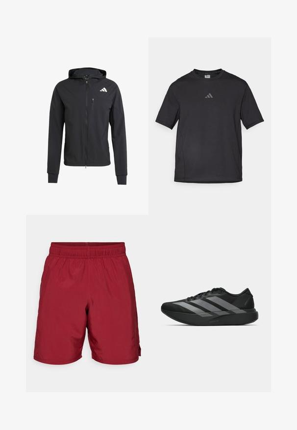 Schwarze Zip-Hoodie-Jacke aus weichem, leichtem Stoff. Verfügt über eine mit Reißverschluss verschlossene Brusttasche und ein Logodetail auf der oberen linken Seite.; Schwarzes Sport-T-Shirt aus atmungsaktivem Material, mit kurzen Ärmeln, rundem Ausschnitt und einem reflexiven Logo auf der Brust.; Bordeauxfarbene Shorts mit elastischem Bund und geraden Beinen sowie einer Tasche auf der rechten Seite, präsentiert vor einem schlichten weißen Hintergrund.; Schwarze Sportschuhe mit einem leichten Design, ausgestattet mit drei auffälligen grauen Streifen, einer glatten Textur und einer konturierten Sohle.