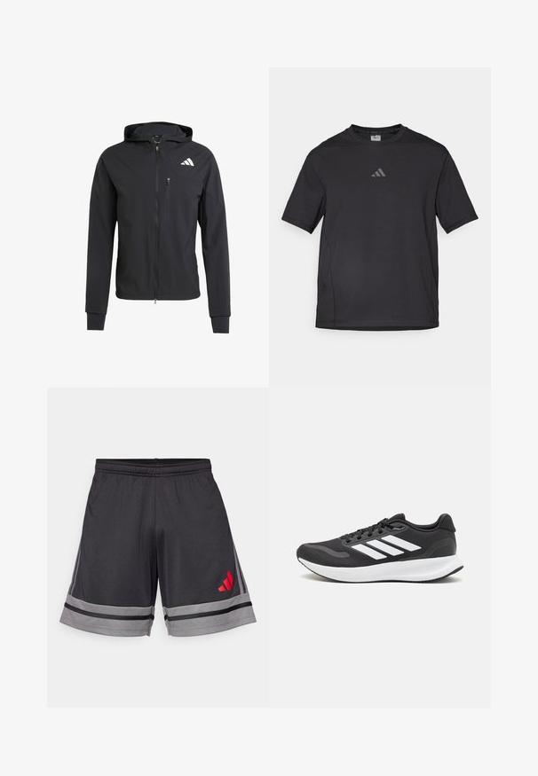 Zwarte ritssluiting capuchonjack van zacht, lichtgewicht materiaal. Heeft een ritszak op de borst en een logo-detail aan de bovenste linkerkant.; Zwart sport t-shirt van ademend materiaal, met korte mouwen, een ronde hals en een reflecterende logo op de borst.; Zwarte sportshorts van lichtgewicht stof, met een grijze streep aan de zoom en een rood logo op de linkerdij. Elastische tailleband.; Zwart sportief schoen met ademend mesh bovenwerk, witte accenten en een gevoerde zool. Beschikt over een logo met drie strepen aan de zijkant.