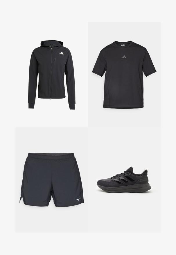 Chaqueta con capucha de color negro y cremallera, hecha de un tejido suave y ligero. Presenta un bolsillo en el pecho con cremallera y un detalle del logo en el lado superior izquierdo.; Camiseta deportiva negra hecha de material transpirable, con mangas cortas, cuello redondo y un logo reflectante en el pecho.; Pantalones cortos atléticos negros con una cinturilla elástica, aberturas en los laterales y un logo reflectante en la parte inferior derecha. Hechos de tela ligera.; Zapatilla deportiva negra con parte superior de tela texturizada, suela de goma y tres franjas negras brillantes en el costado. Punta redondeada y talón acolchado.