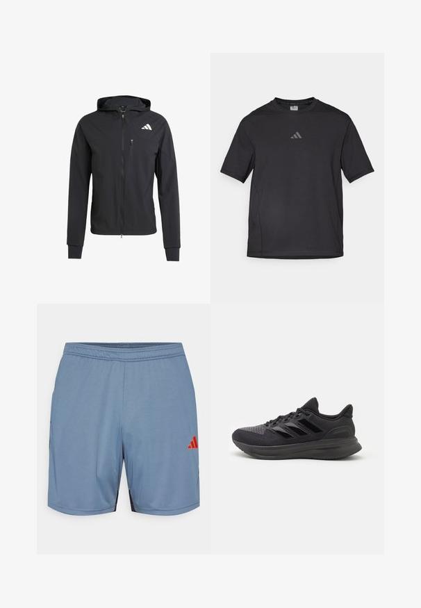 Schwarze Zip-Hoodie-Jacke aus weichem, leichtem Stoff. Verfügt über eine mit Reißverschluss verschlossene Brusttasche und ein Logodetail auf der oberen linken Seite.; Schwarzes Sport-T-Shirt aus atmungsaktivem Material, mit kurzen Ärmeln, rundem Ausschnitt und einem reflexiven Logo auf der Brust.; Hellblaue Sportshorts mit schwarzen seitlichen Akzenten, elastischem Bund und einem orangefarbenen Adidas-Logo. Hergestellt aus glattem, leichtem Stoff.; Schwarzer Sportschuh mit strukturiertem Obermaterial aus Stoff, Gummisohle und drei glänzenden schwarzen Streifen an der Seite. Abgerundete Zehenpartie und gepolsterte Ferse.