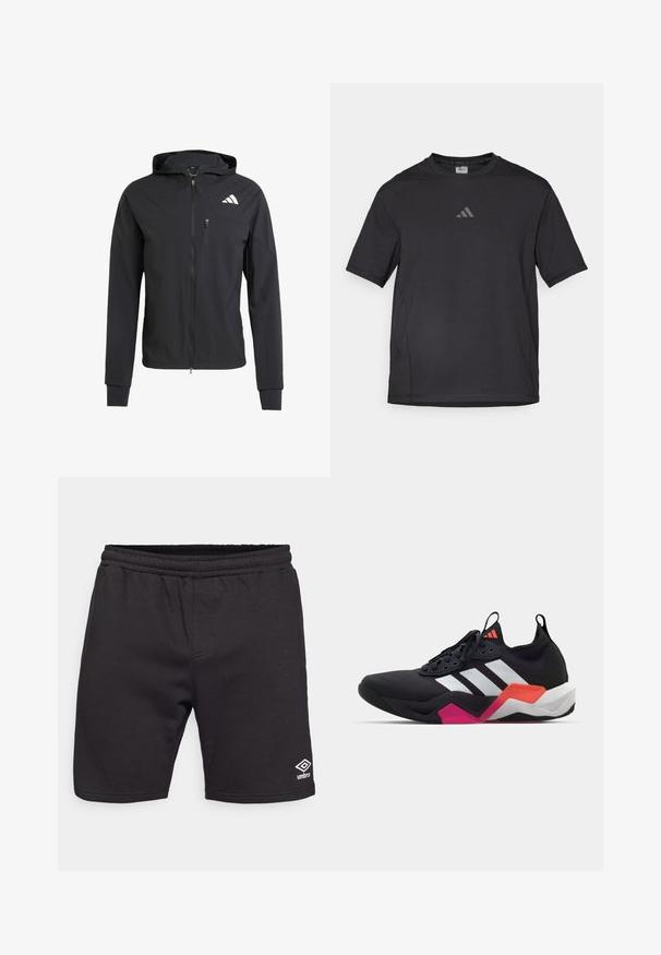 Black zip-up hooded jacket made of soft, lightweight fabric. Features a zippered chest pocket and logo detail on the upper left side.; Black athletic t-shirt made of breathable material, featuring short sleeves, a round neck, and a reflective logo on the chest.; Black athletic shorts made from soft fabric, featuring an elastic waistband and a small white logo on the lower left leg.; Black athletic shoe with white stripes, textured upper, and a chunky sole featuring orange, pink, and white accents. Laced design with pull tab.