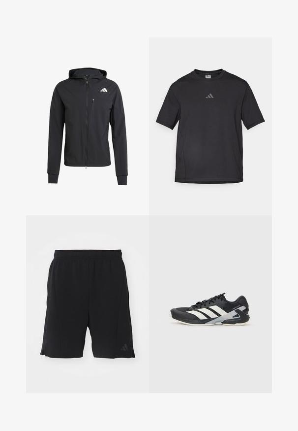 Zwarte ritssluiting capuchonjack van zacht, lichtgewicht materiaal. Heeft een ritszak op de borst en een logo-detail aan de bovenste linkerkant.; Zwart sport t-shirt van ademend materiaal, met korte mouwen, een ronde hals en een reflecterende logo op de borst.; Zwarte sportieve shorts gemaakt van lichte stof met een elastische tailleband. Bevat zijopeningen en een subtiele logo-accent op het linkerbeen.; Zwarte sportschoen met witte strepen, bovenwerk van mesh, ronde neus en geveerde zool. Heeft een getextureerde hak en een veilig vetersysteem.