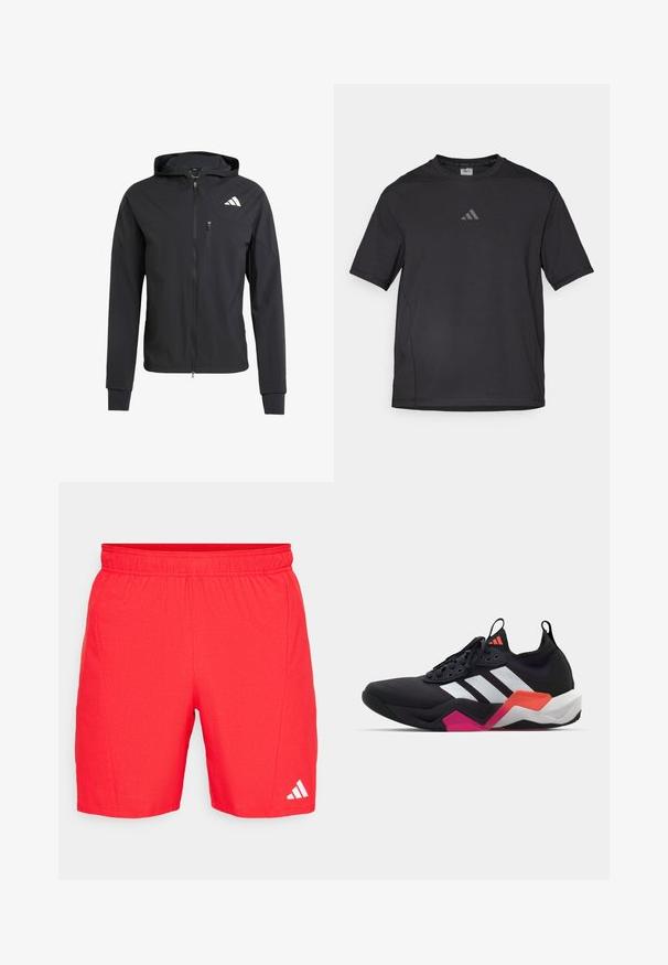 Black zip-up hooded jacket made of soft, lightweight fabric. Features a zippered chest pocket and logo detail on the upper left side.; Black athletic t-shirt made of breathable material, featuring short sleeves, a round neck, and a reflective logo on the chest.; Red athletic shorts with an elastic waistband, textured fabric, and a white Adidas logo near the hem.; Black athletic shoe with white stripes, textured upper, and a chunky sole featuring orange, pink, and white accents. Laced design with pull tab.